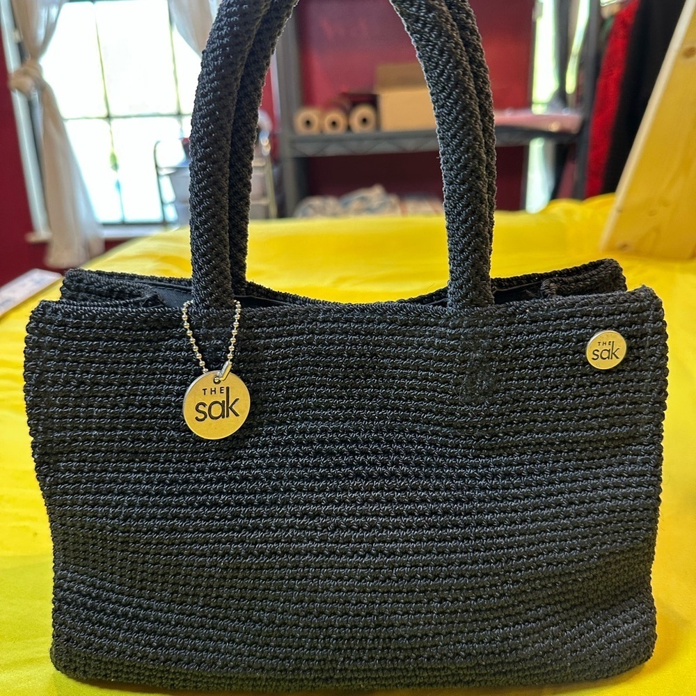 The Sak Black Crochet Top Handle Handbag Purse Medium Woven Knit Shoulder Bag - Picture 3 of 12